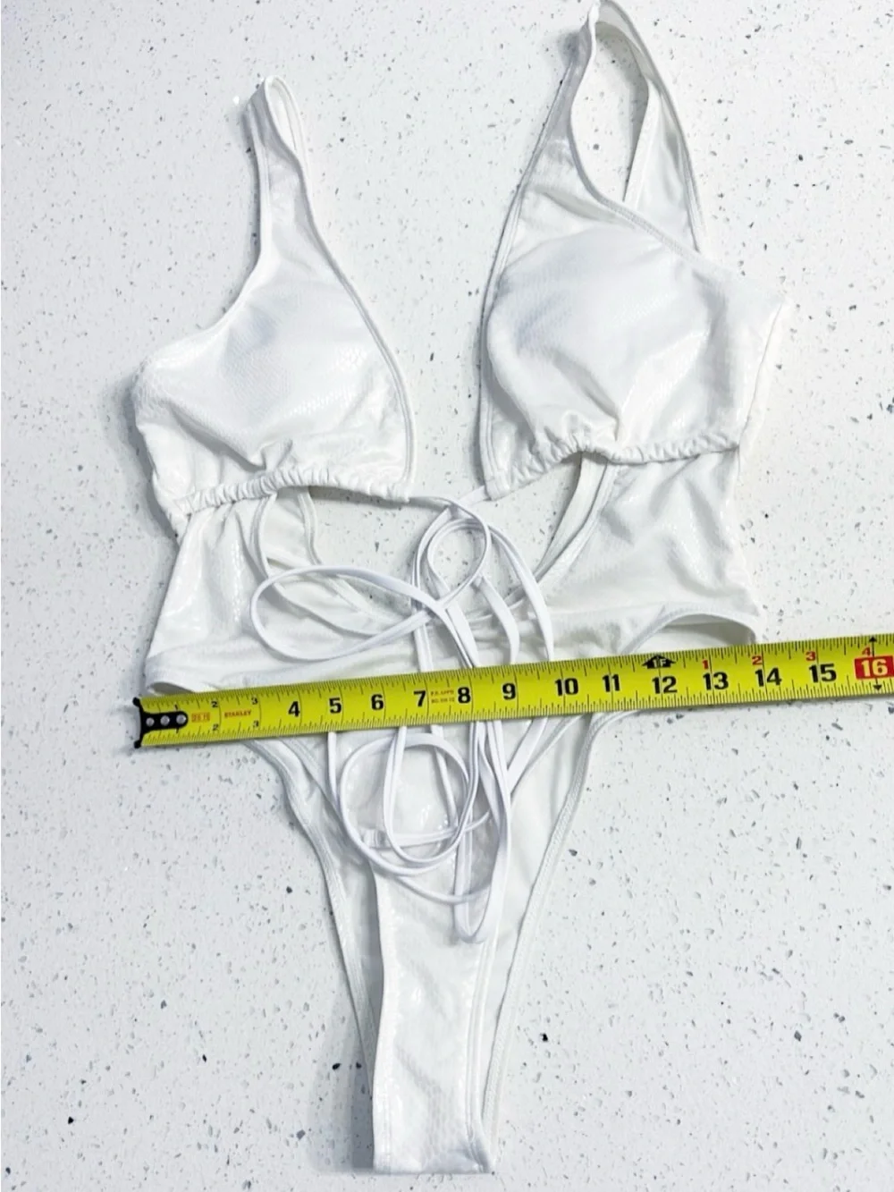 White Snakeskin Shimmer Cutout One-Piece Swimsuit Size M Open Back - Picture 7 of 9